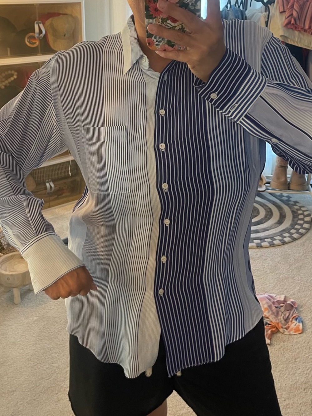 ZARA Striped Two-Tone Button-Up Shirt - Blue/White